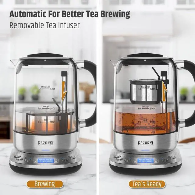Alt view image 3 of 6 - Razorri Electric Tea Maker 1.7L with Automatic Infuser for Tea Brewing, Stainless Steel Glass Kettle, Presets for 5 Tea Types and 3 Brew Strengths, 24 Hour Delayed Start, Keep Warm Setting