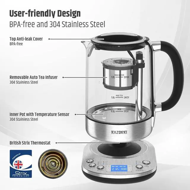Alt view image 4 of 6 - Razorri Electric Tea Maker 1.7L with Automatic Infuser for Tea Brewing, Stainless Steel Glass Kettle, Presets for 5 Tea Types and 3 Brew Strengths, 24 Hour Delayed Start, Keep Warm Setting