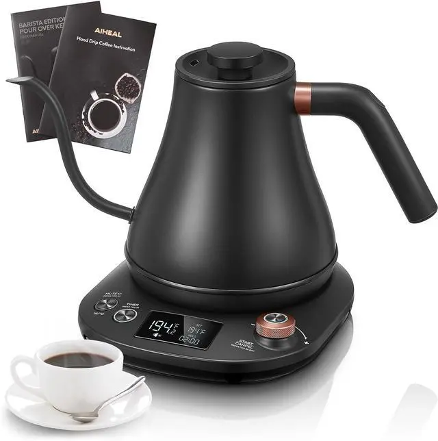 Main image of Electric Gooseneck Kettle Temperature Control, Pour Over Electric Kettle for Coffee and Tea, 100% Stainless Steel Inner, 1200W Rapid Heating, 0.8L, Built-in Stopwatch, Matte Black