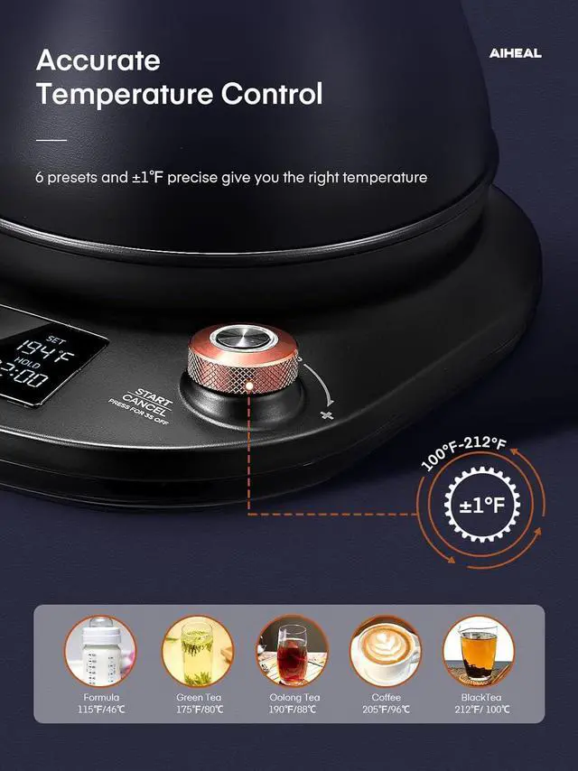 Alt view image 2 of 7 - Electric Gooseneck Kettle Temperature Control, Pour Over Electric Kettle for Coffee and Tea, 100% Stainless Steel Inner, 1200W Rapid Heating, 0.8L, Built-in Stopwatch, Matte Black