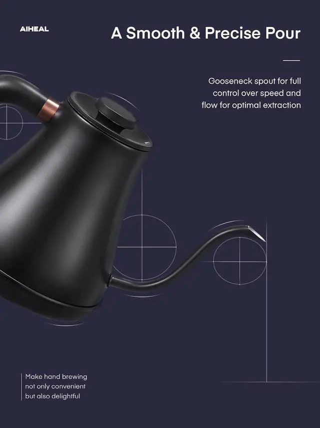 Alt view image 3 of 7 - Electric Gooseneck Kettle Temperature Control, Pour Over Electric Kettle for Coffee and Tea, 100% Stainless Steel Inner, 1200W Rapid Heating, 0.8L, Built-in Stopwatch, Matte Black