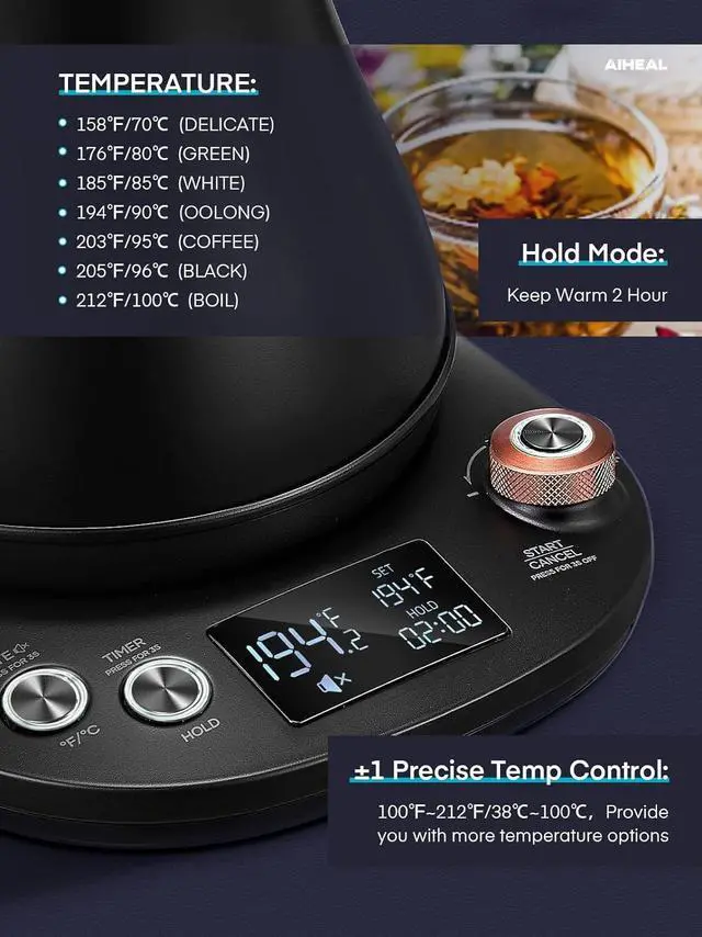 Alt view image 4 of 7 - Electric Gooseneck Kettle Temperature Control, Pour Over Electric Kettle for Coffee and Tea, 100% Stainless Steel Inner, 1200W Rapid Heating, 0.8L, Built-in Stopwatch, Matte Black