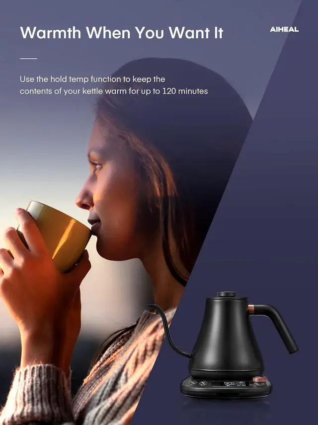 Alt view image 7 of 7 - Electric Gooseneck Kettle Temperature Control, Pour Over Electric Kettle for Coffee and Tea, 100% Stainless Steel Inner, 1200W Rapid Heating, 0.8L, Built-in Stopwatch, Matte Black