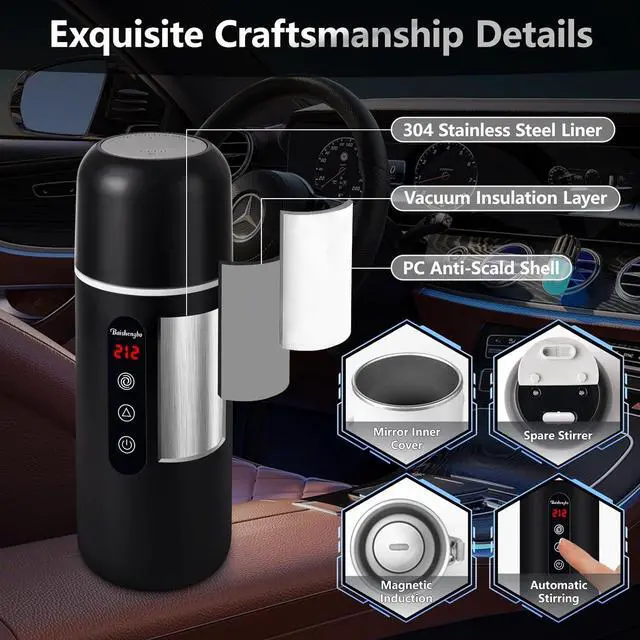 Alt view image 4 of 7 - Car Kettle,Portable Electric Travel Kettle,12V/24V Car Coffee Warmer,420ML Hot Water Boiler,Small Hot Water Heater, Mini Hot Water Boiler with Built-in Magnetic Induction Stirring for Tea Coffee Milk