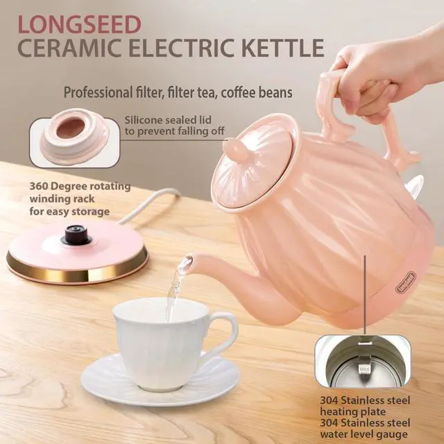 Alt view image 6 of 6 - Ceramic Electric Kettle, 1.5L/1200W Boil Water Quickly and Easily with Boil-Dry Protection Auto Shut Off, Detachable Swivel Base, Diamond Cut Glazed