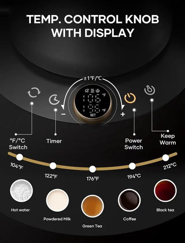 Alt view image 3 of 7 - Cocinare Electric Gooseneck Kettle with Temperature Control, Pour Over Coffee & Tea, 1200W for 180-sec Quick Boil Time, Stainless Steel Kettle Water Boiler, 30oz/0.9L (Black)