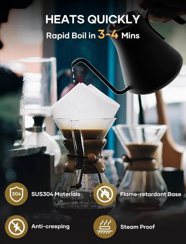 Alt view image 4 of 7 - Cocinare Electric Gooseneck Kettle with Temperature Control, Pour Over Coffee & Tea, 1200W for 180-sec Quick Boil Time, Stainless Steel Kettle Water Boiler, 30oz/0.9L (Black)