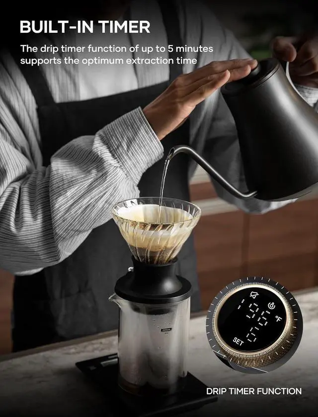 Alt view image 5 of 7 - Cocinare Electric Gooseneck Kettle with Temperature Control, Pour Over Coffee & Tea, 1200W for 180-sec Quick Boil Time, Stainless Steel Kettle Water Boiler, 30oz/0.9L (Black)