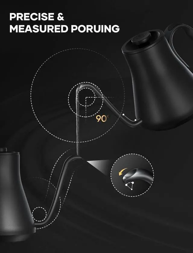 Alt view image 7 of 7 - Cocinare Electric Gooseneck Kettle with Temperature Control, Pour Over Coffee & Tea, 1200W for 180-sec Quick Boil Time, Stainless Steel Kettle Water Boiler, 30oz/0.9L (Black)