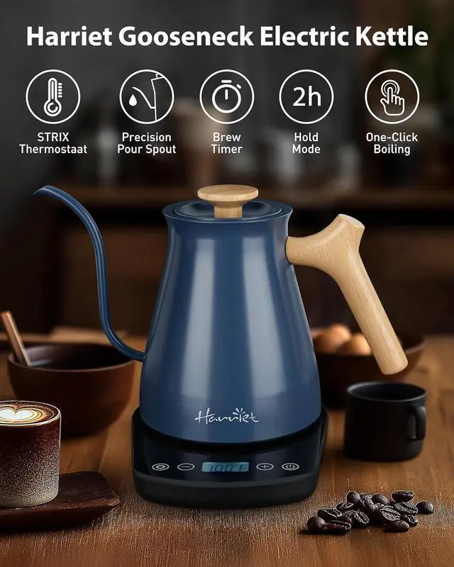 Alt view image 2 of 7 - Harriet Gooseneck Electric Kettle - 1200W Fast Heat, 0.8L Stainless Steel, Precision Temp Control & Timer, Wood Handle, Pour Over Coffee and Tea, Blue