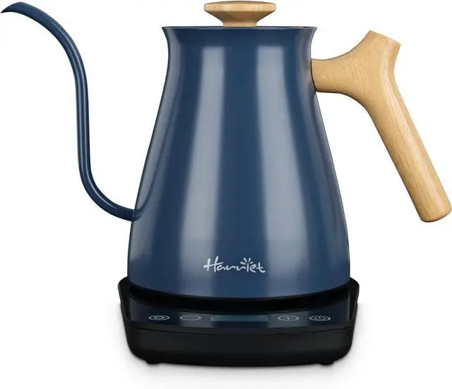 Main image of Harriet Gooseneck Electric Kettle - 1200W Fast Heat, 0.8L Stainless Steel, Precision Temp Control & Timer, Wood Handle, Pour Over Coffee and Tea, Blue