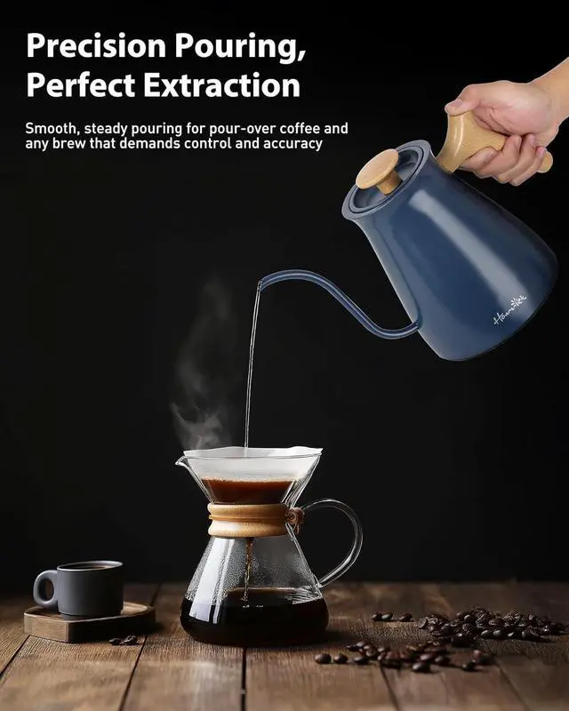 Alt view image 5 of 7 - Harriet Gooseneck Electric Kettle - 1200W Fast Heat, 0.8L Stainless Steel, Precision Temp Control & Timer, Wood Handle, Pour Over Coffee and Tea, Blue