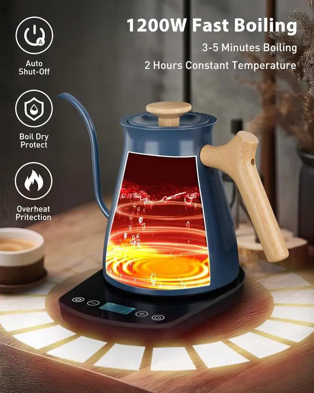Alt view image 6 of 7 - Harriet Gooseneck Electric Kettle - 1200W Fast Heat, 0.8L Stainless Steel, Precision Temp Control & Timer, Wood Handle, Pour Over Coffee and Tea, Blue