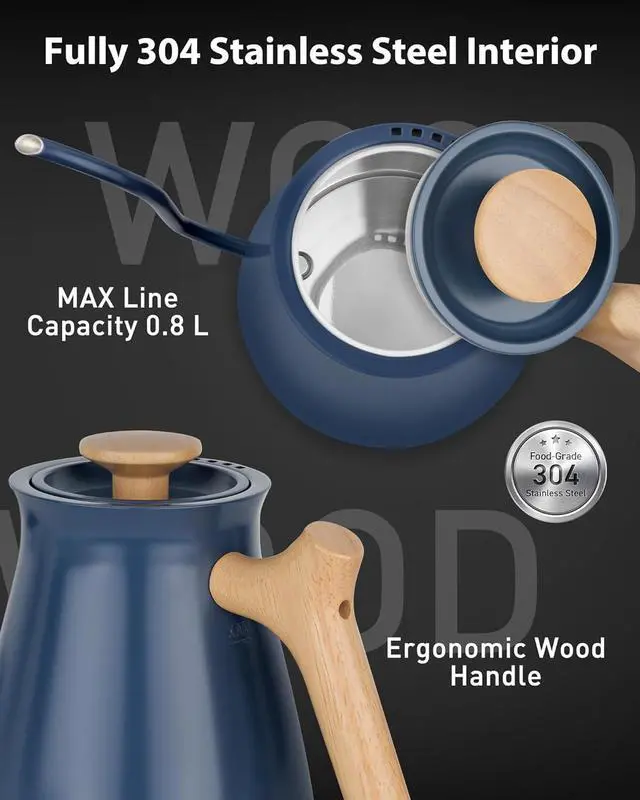 Alt view image 3 of 7 - Harriet Gooseneck Electric Kettle - 1200W Fast Heat, 0.8L Stainless Steel, Precision Temp Control & Timer, Wood Handle, Pour Over Coffee and Tea, Blue