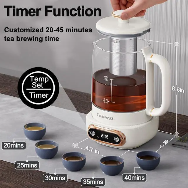 Alt view image 4 of 7 - Topwit Electric Tea Kettle, 11 Temperature Control & 4 Presets Glass Kettle with Removable Infuser, 0.8L Electric Kettle for Coffee, Formula, Tea Maker with 8H Keep Warm, Boil-dry Protect, Beige