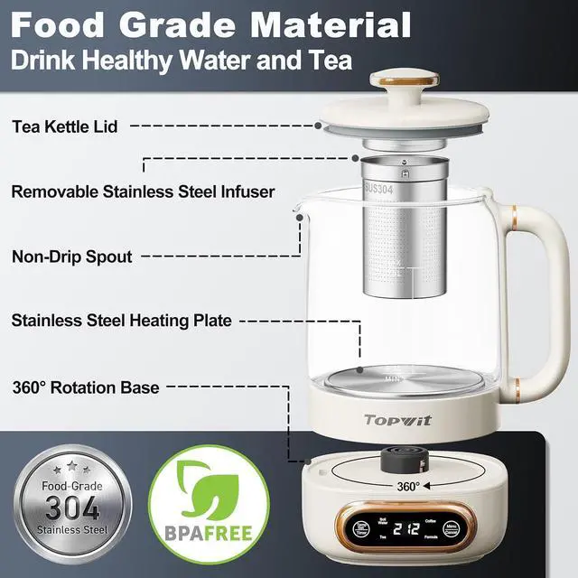 Alt view image 5 of 7 - Topwit Electric Tea Kettle, 11 Temperature Control & 4 Presets Glass Kettle with Removable Infuser, 0.8L Electric Kettle for Coffee, Formula, Tea Maker with 8H Keep Warm, Boil-dry Protect, Beige