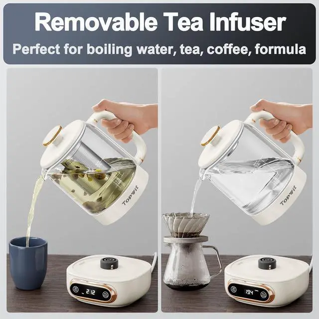Alt view image 6 of 7 - Topwit Electric Tea Kettle, 11 Temperature Control & 4 Presets Glass Kettle with Removable Infuser, 0.8L Electric Kettle for Coffee, Formula, Tea Maker with 8H Keep Warm, Boil-dry Protect, Beige
