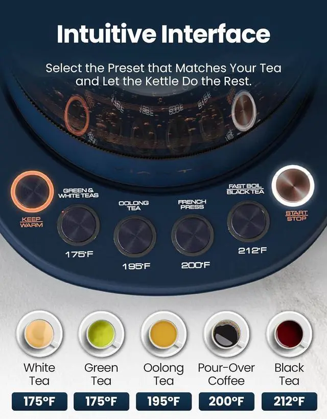 Alt view image 4 of 7 - Vianté Electric Kettle With Infuser For Loose Leaf Tea. Hot Tea Maker With Temperature Control And Automatic Shut Off. Kettle With Brewing Programs. 1.5 Liters Capacity | Midnight Blue Color