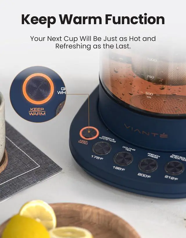 Alt view image 6 of 7 - Vianté Electric Kettle With Infuser For Loose Leaf Tea. Hot Tea Maker With Temperature Control And Automatic Shut Off. Kettle With Brewing Programs. 1.5 Liters Capacity | Midnight Blue Color