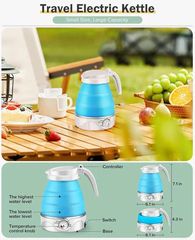 Alt view image 2 of 7 - Portable Electric Travel Kettle, 600ml Collapsible Silicone Kettle with Temperature Adjustment Function for Camping, Hotels and Travel (BLUE)