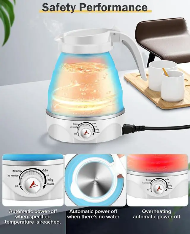 Alt view image 3 of 7 - Portable Electric Travel Kettle, 600ml Collapsible Silicone Kettle with Temperature Adjustment Function for Camping, Hotels and Travel (BLUE)