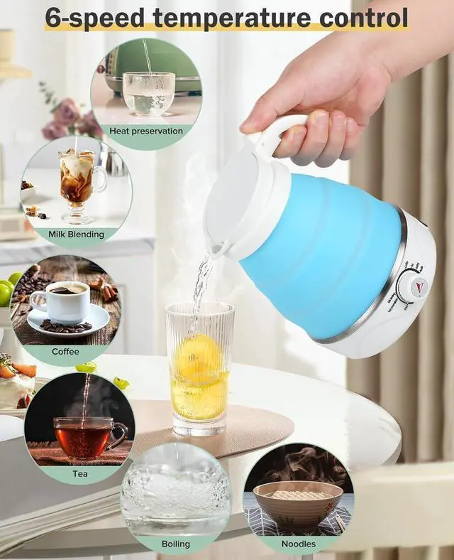 Alt view image 4 of 7 - Portable Electric Travel Kettle, 600ml Collapsible Silicone Kettle with Temperature Adjustment Function for Camping, Hotels and Travel (BLUE)