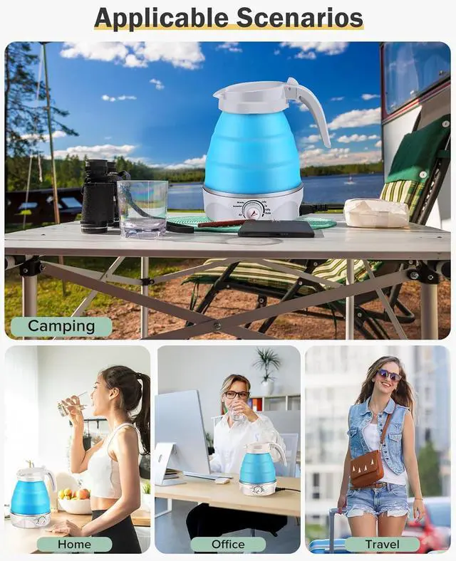 Alt view image 7 of 7 - Portable Electric Travel Kettle, 600ml Collapsible Silicone Kettle with Temperature Adjustment Function for Camping, Hotels and Travel (BLUE)