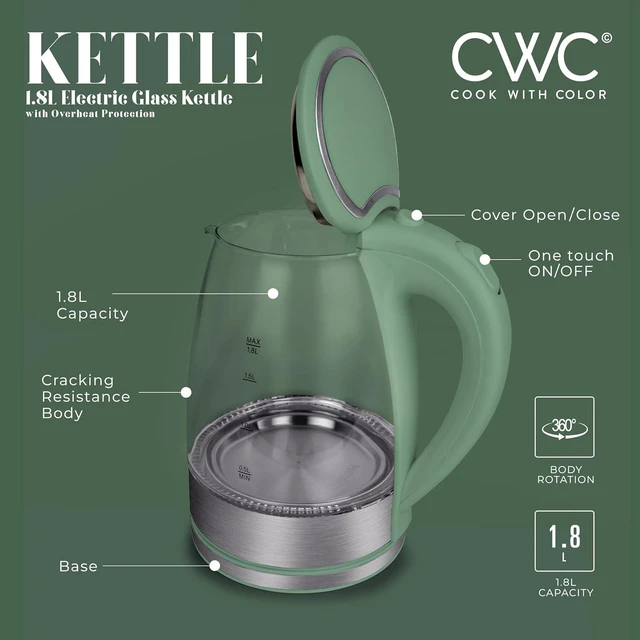 Alt view image 2 of 6 - COOK WITH COLOR Electric Tea Kettle, 1.8L Cordless Hot Water Boiler, 1200W Rapid Boil, Auto Shutoff & Boil Dry Protection, BPA-Free, Sleek Countertop Design, Green