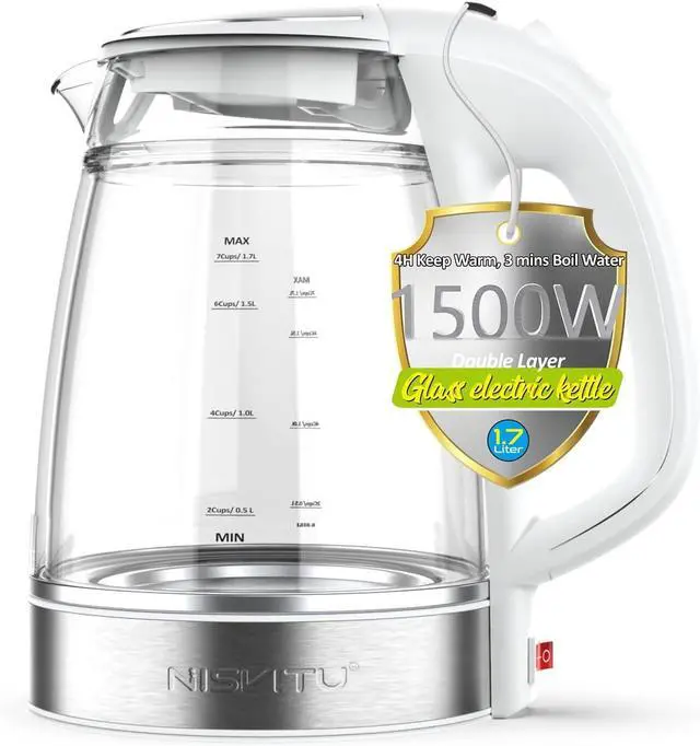 Main image of Glass & Stainless Steel Cordless Electric kettle for boiling water, Hot water boiler Electric Tea Kettle automatic shut off Boil-Dry Protection, PC Outer + Glass Inner, 1500W, 1.7L, WH
