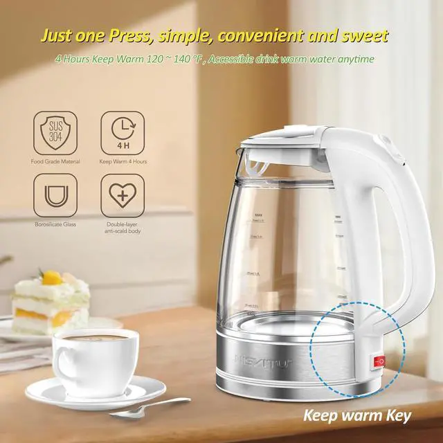 Alt view image 4 of 7 - Glass & Stainless Steel Cordless Electric kettle for boiling water, Hot water boiler Electric Tea Kettle automatic shut off Boil-Dry Protection, PC Outer + Glass Inner, 1500W, 1.7L, WH