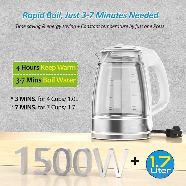 Alt view image 5 of 7 - Glass & Stainless Steel Cordless Electric kettle for boiling water, Hot water boiler Electric Tea Kettle automatic shut off Boil-Dry Protection, PC Outer + Glass Inner, 1500W, 1.7L, WH