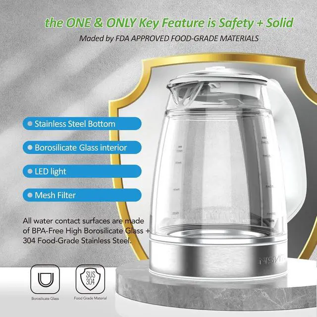 Alt view image 7 of 7 - Glass & Stainless Steel Cordless Electric kettle for boiling water, Hot water boiler Electric Tea Kettle automatic shut off Boil-Dry Protection, PC Outer + Glass Inner, 1500W, 1.7L, WH