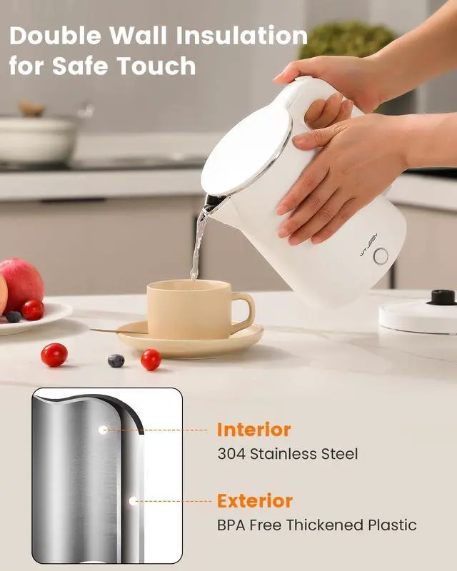Alt view image 2 of 6 - Electric Kettle Stainless Steel, 1.0L Small Water Boiler 1200W Fast Boiling, Double Wall Tea Kettle Pot Automatic Shut Off, Durable Coffee & Tea Maker/Warmer/Heater White