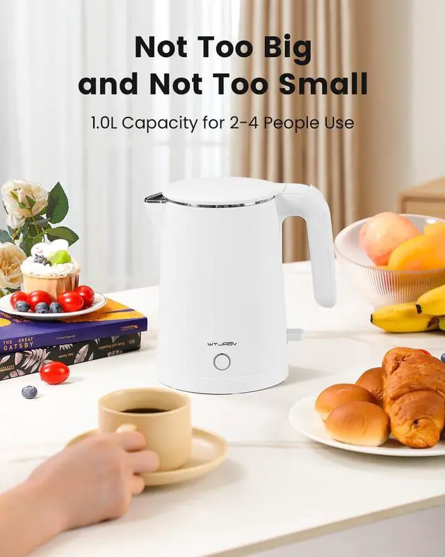 Alt view image 4 of 6 - Electric Kettle Stainless Steel, 1.0L Small Water Boiler 1200W Fast Boiling, Double Wall Tea Kettle Pot Automatic Shut Off, Durable Coffee & Tea Maker/Warmer/Heater White