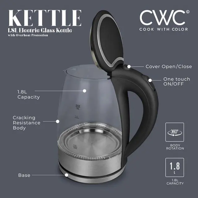 Alt view image 2 of 6 - COOK WITH COLOR Electric Tea Kettle, 1.8L Cordless Hot Water Boiler, 1200W Rapid Boil, Auto Shutoff & Boil Dry Protection, BPA-Free, Sleek Countertop Design, Black