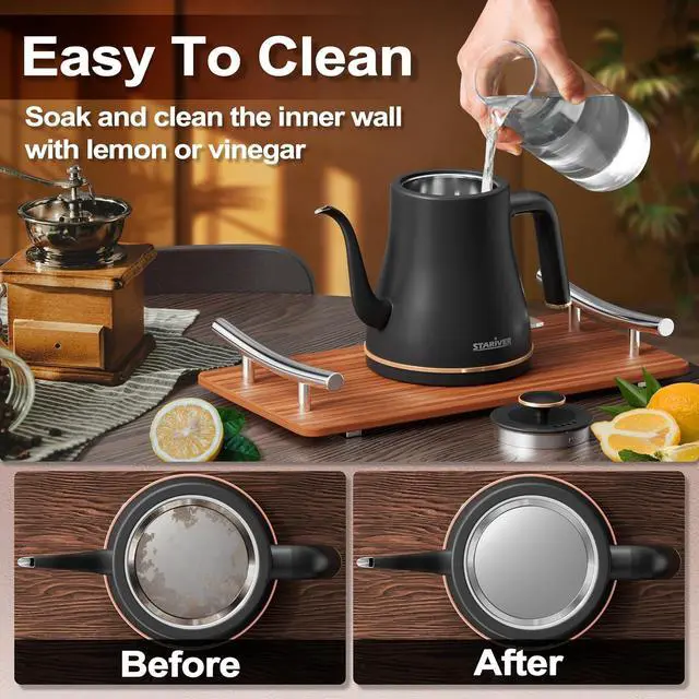 Alt view image 7 of 7 - Stariver Gooseneck Electric Kettle, 0.8L Electric Tea Kettle Tea Pot, Pour Over Coffee Kettle with Stainless Steel Inner Lid & Bottom, Water Boiler with Auto Shut Off and Boil Dry Protection, Black