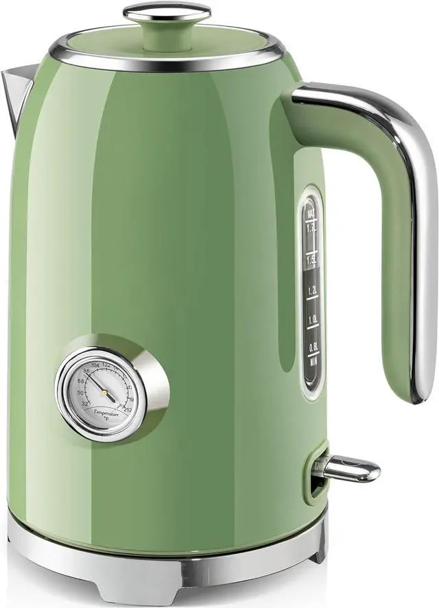 Main image of SUSTEAS Electric Kettle - 57oz Hot Tea Water Boiler with Thermometer, 1500W Fast Heating Stainless Steel Pot, Cordless LED Indicator, Auto Shut-Off & Boil Dry Protection, Retro Green