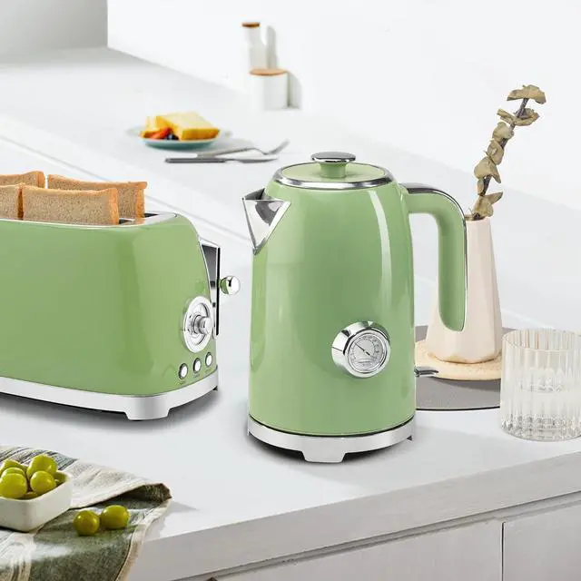 Alt view image 2 of 7 - SUSTEAS Electric Kettle - 57oz Hot Tea Water Boiler with Thermometer, 1500W Fast Heating Stainless Steel Pot, Cordless LED Indicator, Auto Shut-Off & Boil Dry Protection, Retro Green