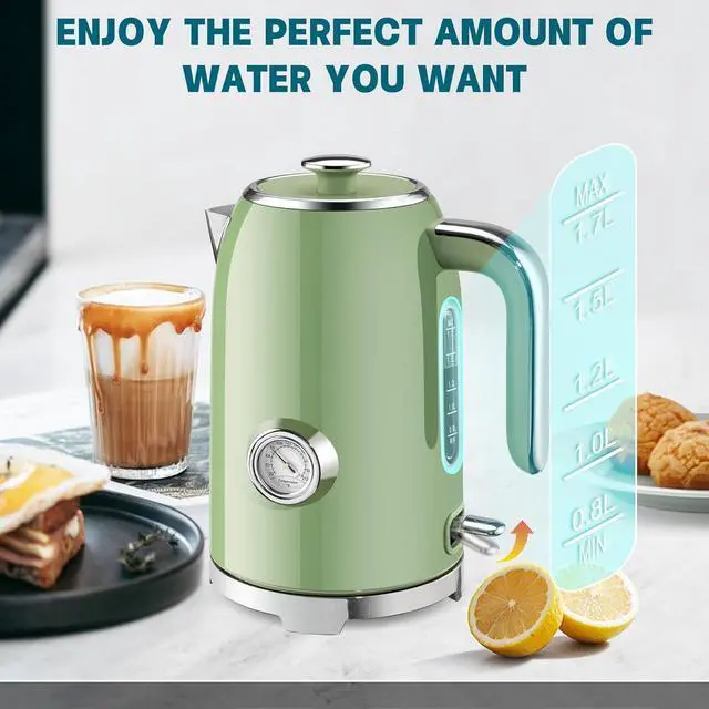 Alt view image 6 of 7 - SUSTEAS Electric Kettle - 57oz Hot Tea Water Boiler with Thermometer, 1500W Fast Heating Stainless Steel Pot, Cordless LED Indicator, Auto Shut-Off & Boil Dry Protection, Retro Green