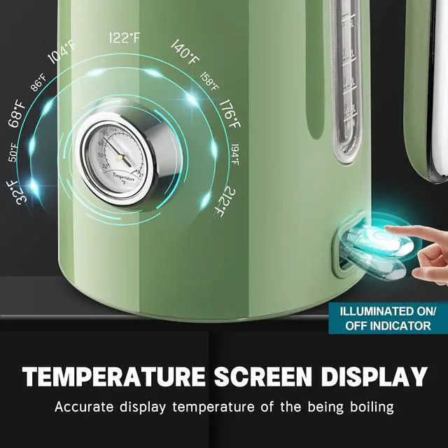 Alt view image 7 of 7 - SUSTEAS Electric Kettle - 57oz Hot Tea Water Boiler with Thermometer, 1500W Fast Heating Stainless Steel Pot, Cordless LED Indicator, Auto Shut-Off & Boil Dry Protection, Retro Green