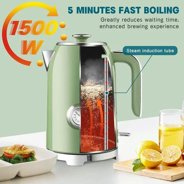 Alt view image 5 of 7 - SUSTEAS Electric Kettle - 57oz Hot Tea Water Boiler with Thermometer, 1500W Fast Heating Stainless Steel Pot, Cordless LED Indicator, Auto Shut-Off & Boil Dry Protection, Retro Green