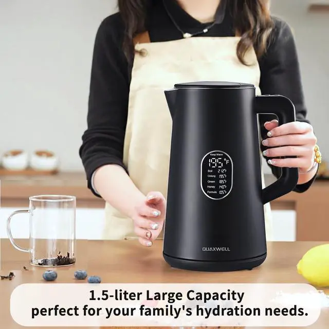 Alt view image 2 of 7 - 1.5L Electric Kettle Stainless Steel, Double Wall Cool Touch Teapot, Fast Boil,5 Temperature Control, LED Display, Auto Shut-Off, BPA-Free,Keep Warm Function, Ideal for Tea & Coffee,Black