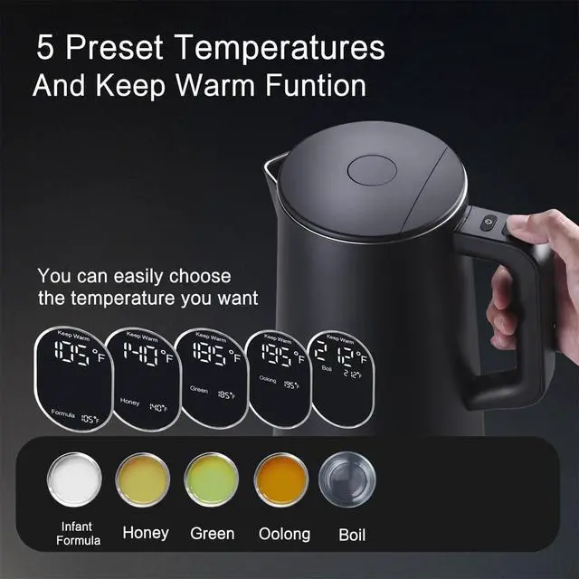 Alt view image 3 of 7 - 1.5L Electric Kettle Stainless Steel, Double Wall Cool Touch Teapot, Fast Boil,5 Temperature Control, LED Display, Auto Shut-Off, BPA-Free,Keep Warm Function, Ideal for Tea & Coffee,Black