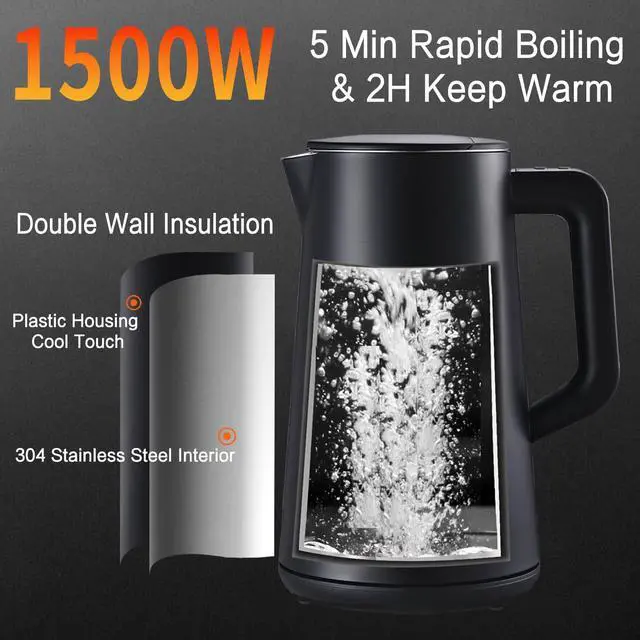 Alt view image 4 of 7 - 1.5L Electric Kettle Stainless Steel, Double Wall Cool Touch Teapot, Fast Boil,5 Temperature Control, LED Display, Auto Shut-Off, BPA-Free,Keep Warm Function, Ideal for Tea & Coffee,Black