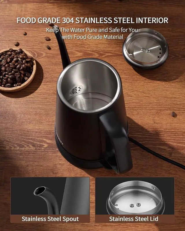Alt view image 3 of 7 - DmofwHi Gooseneck Electric Kettle(1.0L),1000W Electric Tea Kettle of 304 Stainless Steel,Auto Shut off,Water Kettle for Coffee and Tea -Matte Black
