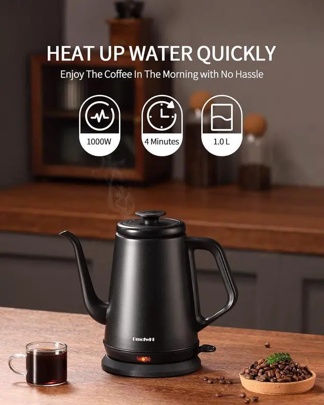 Alt view image 4 of 7 - DmofwHi Gooseneck Electric Kettle(1.0L),1000W Electric Tea Kettle of 304 Stainless Steel,Auto Shut off,Water Kettle for Coffee and Tea -Matte Black