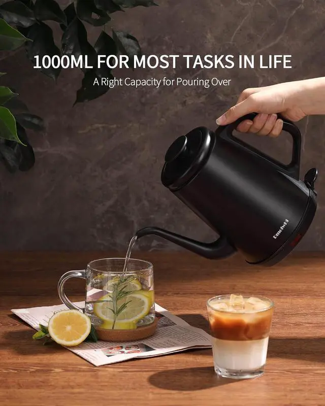 Alt view image 7 of 7 - DmofwHi Gooseneck Electric Kettle(1.0L),1000W Electric Tea Kettle of 304 Stainless Steel,Auto Shut off,Water Kettle for Coffee and Tea -Matte Black