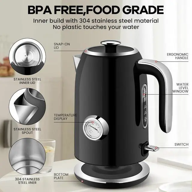 Alt view image 2 of 7 - SULIVES Electric Kettle, 1.7L Stainless Steel Tea Kettle with Temperature Gauge, 1500W Water Boiler with LED Light, BPA-Free, Auto Shut-Off and Boil-Dry Protection,Black