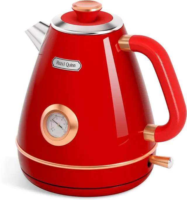 Main image of Hazel Quinn Retro Electric Kettle - 1.7 Liters / 57.5 Ounces Tea Kettle with Thermometer, All Stainless Steel, Fast Boiling 1200 W, BPA-free, Cordless, Rotational Base, Automatic Shut Off - Ruby Red