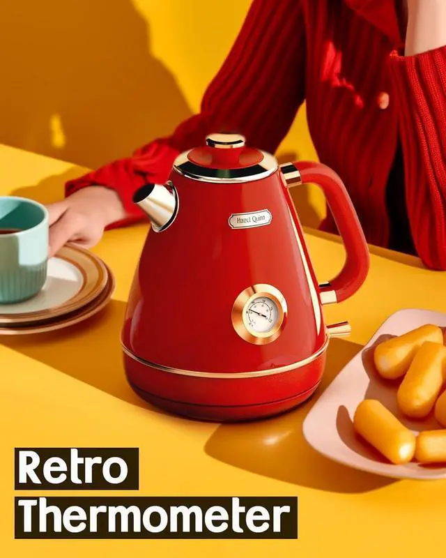 Alt view image 2 of 7 - Hazel Quinn Retro Electric Kettle - 1.7 Liters / 57.5 Ounces Tea Kettle with Thermometer, All Stainless Steel, Fast Boiling 1200 W, BPA-free, Cordless, Rotational Base, Automatic Shut Off - Ruby Red
